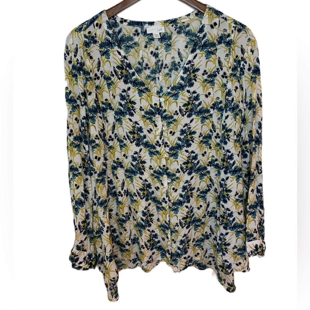 J Jill Blouse Top Women’s Size 3X Floral Button Long Sleeve V Neck Rayon